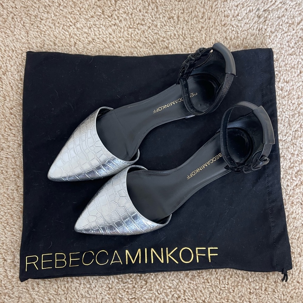 Rebecca Minkoff - silver and black pointed flats with ankle strap